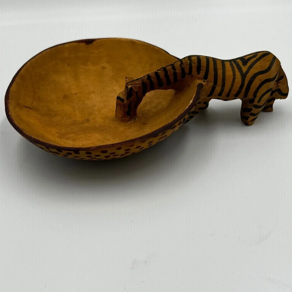 Hand Carved Wooden African Animal Bowls Giraffe Zebra Decorative Dish Set 2pc‎